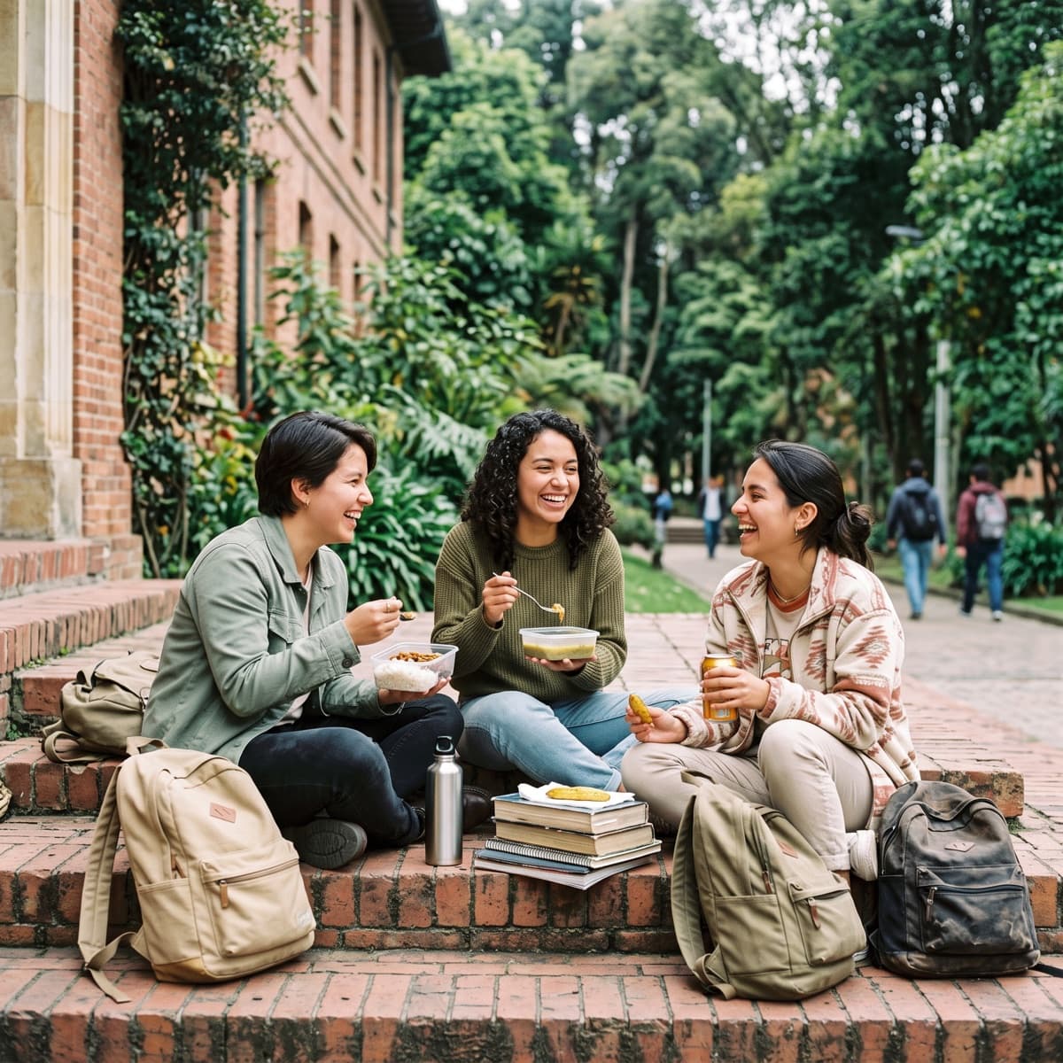 Students sharing lunch on campus steps in Bogotá