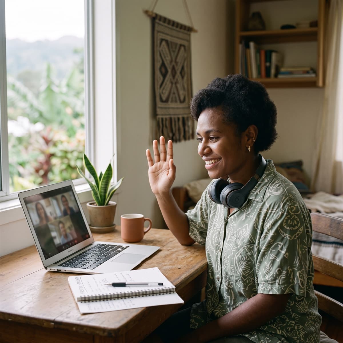 New hire waving to her team on a video call on her first day