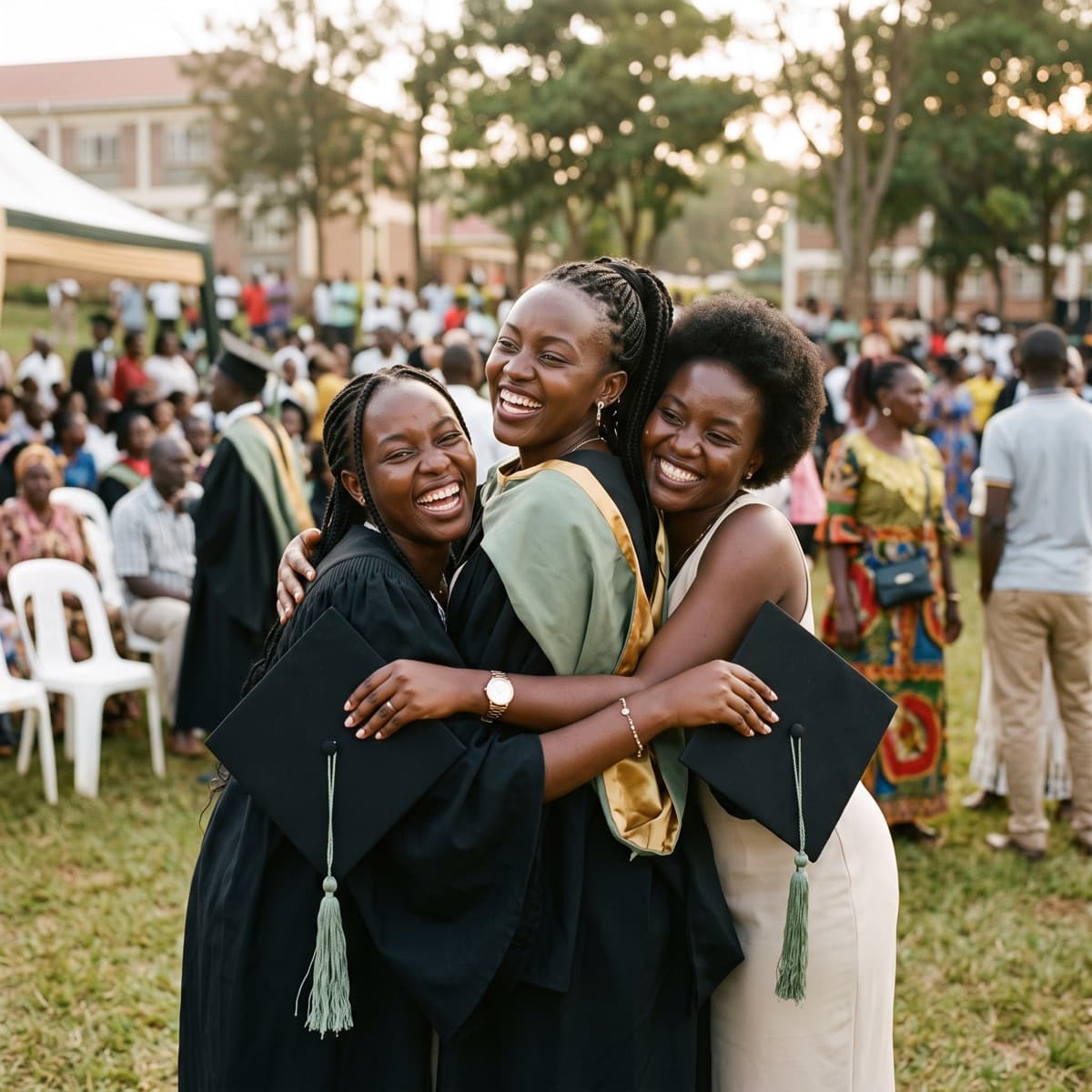 Graduates hugging and laughing on graduation day