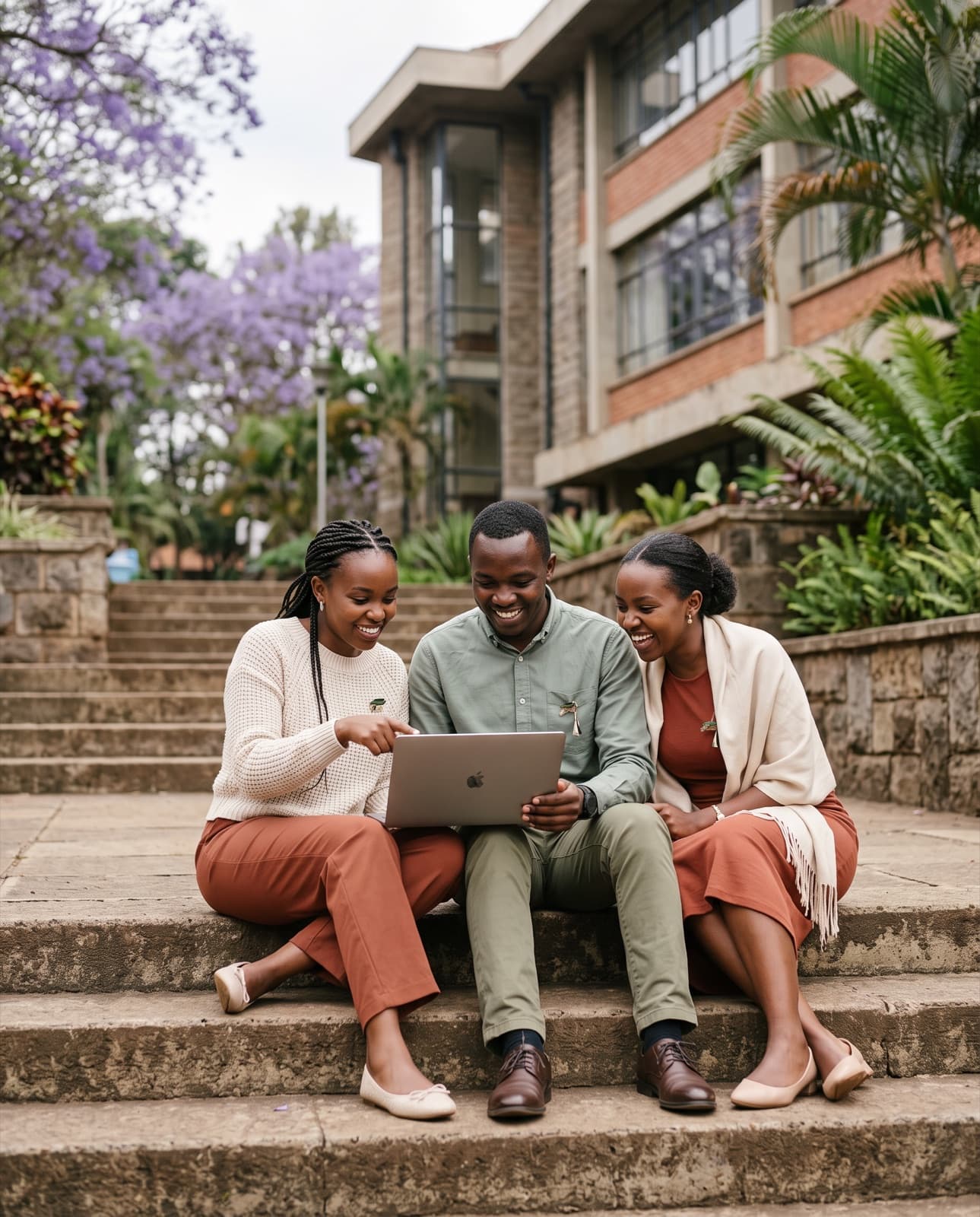 Three graduates working together on campus steps in Nairobi
