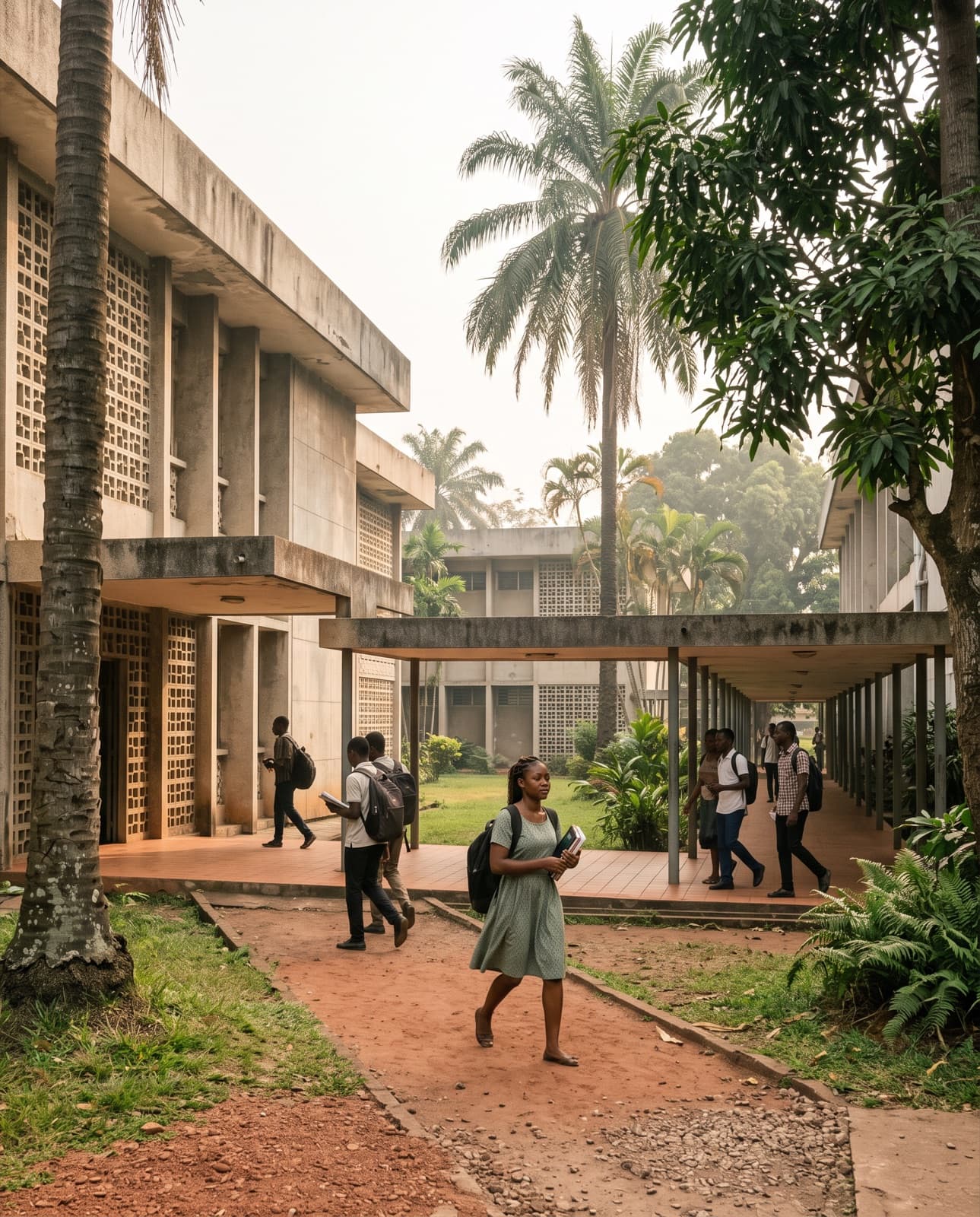 Students walking across a university campus in Kinshasa